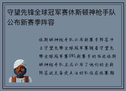 守望先锋全球冠军赛休斯顿神枪手队公布新赛季阵容